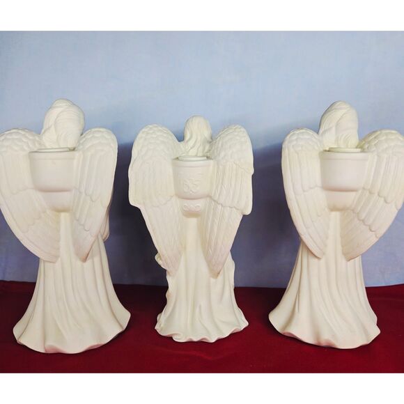 Angels Candle Holders Set of 3 PARTYLITE White w/Harp & Lute 1980s Mantel Decor - Picture 2 of 15